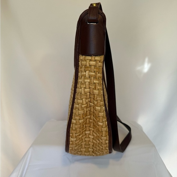 Etienne Aigner Woven Straw & Brown Leather Shoulder Bag Vintage-Inspired - Picture 4 of 12